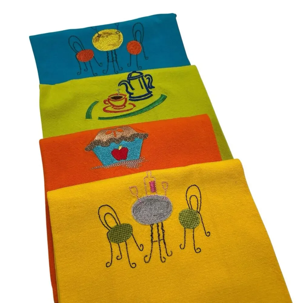 4 VTG Embroidered Tea Towels Bistro Caffe Coffee Cupcake Kitchen Colorful Set